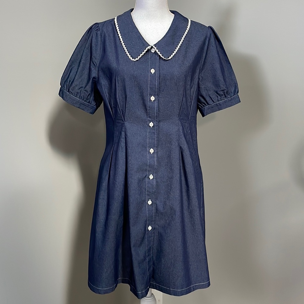 ALLEGRA K DENIM PUFF SLEEVE BUTTON FRONT FLARE A-LINE MINI DRESS - Picture 2 of 14